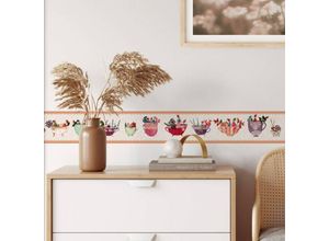 4063129310142 - K&l Wall Art - Bordüre Kunstdruck Leffler Esszimmer Tassen Blumen Küche floral Dream Cups selbstklebende Deko Zierleiste 1 x 120x10cm - bunt