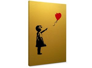 4063129311507 - K&l Wall Art - Leinwandbild Vintage Goldeffekt Wandbild Holz Keilrahmen Banksy Graffiti Girl red balloon Shabby Chic Gold 20x30cm - schwarz