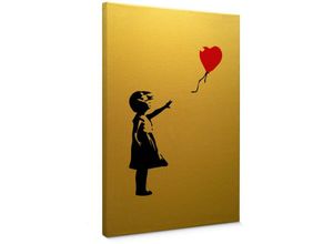 4063129311545 - K&l Wall Art - Leinwandbild Vintage Goldeffekt Wandbild Holz Keilrahmen Banksy Graffiti Girl red balloon Shabby Chic Gold 70x100cm - schwarz