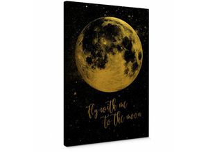 4063129312993 - K&l Wall Art - Leinwandbild Vintage Goldeffekt Wandbild Holz Keilrahmen Mond Zitat Fly with me to the moon Shabby Chic Gold 30x45cm - gold