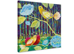 4063129321629 - K&l Wall Art - Leinwandbild Baby Kinderzimmer Märchen Blanz bunte Vögel im Wald in Holz Bilderrahmen 40x40cm - bunt