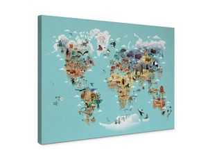 4063129325412 - K&l Wall Art - Leinwandbild Kinderzimmer Weltkarte Braun Tiere World Map Grundschule in Holz Bilderrahmen 30x20cm - türkis