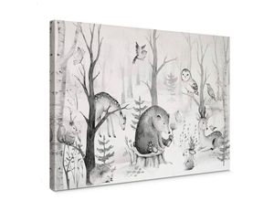 4063129325740 - K&l Wall Art - Leinwandbild Baby Kinderzimmer Kvilis Tierfreunde im Wald Bär Reh Hase in Holz Bilderrahmen 30x20cm - schwarz-weiß