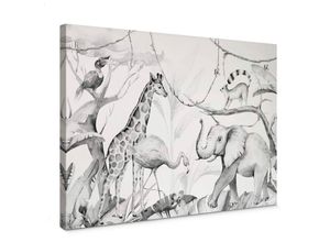 4063129326051 - Leinwandbild Baby Kinderzimmer Kvilis Wald Tiere Dschungel Elefant Giraffe in Holz Bilderrahmen 80x50cm - schwarz-weiß