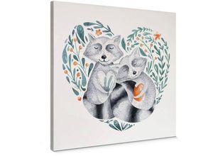 4063129326259 - K&l Wall Art - Leinwandbild Baby Kinderzimmer Kvilis Wanddeko Tiere Waschbär Familie in Holz Bilderrahmen 40x40cm - bunt