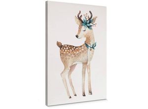 4063129326969 - Leinwandbild Baby Kinderzimmer Kvilis Reh Wanddeko Waldtiere Bambi Rehkitz in Holz Bilderrahmen 40x60cm - grau