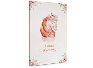 4063129327874 - K&l Wall Art - Leinwandbild Baby Kinderzimmer Kvilis Sweet Dreams Einhorn Blumenkranz in Holz Bilderrahmen 20x30cm - bunt