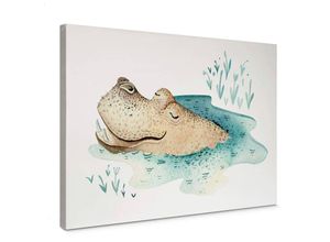 4063129328000 - K&l Wall Art - Leinwandbild Baby Kinderzimmer Kvilis Safari Tiere Happy Hippo Nilpferd in Holz Bilderrahmen 30x20cm - weiß