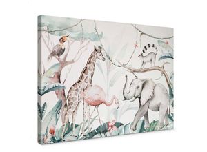 4063129329236 - K&l Wall Art - Leinwandbild Baby Kinderzimmer Kvilis Dschungel Tiere Giraffe Flamingo Elefant in Holz Bilderrahmen 30x20cm - weiß