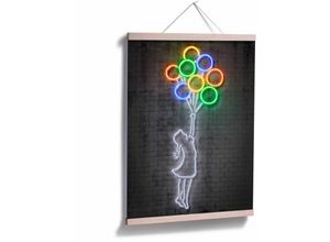 4063129339150 - K&l Wall Art - Poster Mielu Neon Streets Kult Wanddeko Vintage Motiv Retro Luftballon Mädchen fliegt 24x30cm - grau