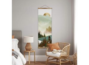 4063129340996 - K&l Wall Art - Vintage Stoffbild Natur Wald gold Sonne Feng Shui Deko ohne Zubehör SpaceFrog Banner modern 30x90cm - grün