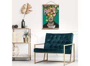 4063129341511 - Vintage Stoffbild Frida Kahlo Floral Blumen Portrait ohne Zubehör Retro Banner Mexikanische Ikone 50x75cm - bunt