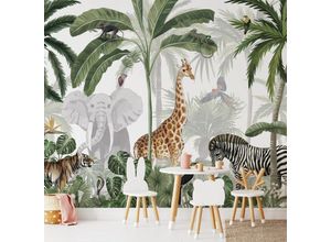 4063129373406 - Fototapete Baby Kinderzimmer Dschungel Tiere Elefant Giraffe Vliestapete große XXL Motivtapete 288X260 cm - bunt