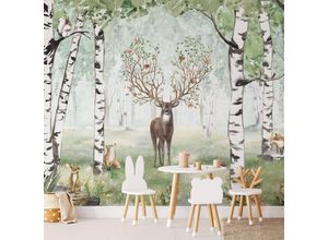 4063129373758 - K&l Wall Art - Fototapete Baby Kinderzimmer Vliestapete Hirsch Waldtiere Sommer Deko große xxl Motivtapete 288X260 cm - grün