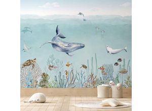 4063129373895 - K&l Wall Art - Fototapete Baby Kinderzimmer Tapete Meerestiere Delfin Seepferdchen große xxl Motivtapete 288X260 cm - blau