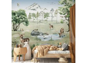 4063129374311 - K&l Wall Art - Fototapete Baby Kinderzimmer Vliestapete Waldtiere Reh Hirsch Natur Wald große xxl Motivtapete 288X260 cm - grün