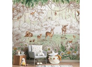 4063129374380 - K&l Wall Art - Fototapete Baby Kinderzimmer Waldtiere Freunde Bär Hirsch Vliestapete große xxl Motivtapete 288X260 cm - braun