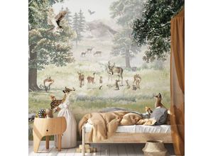 4063129374458 - K&l Wall Art - Fototapete Baby Kinderzimmer Wald Natur Freunde Bär Hirsch Vliestapete große xxl Motivtapete 288X260 cm - braun