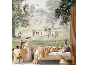 4063129374465 - K&l Wall Art - Fototapete Baby Kinderzimmer Wald Natur Freunde Bär Hirsch Vliestapete große xxl Motivtapete 336X300 cm - braun