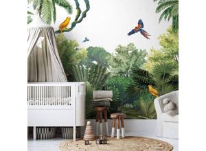 4063129374670 - K&l Wall Art - Fototapete Baby Kinderzimmer Vliestapete Tropische Vögel Dschungel Oase große xxl Motivtapete 288X260 cm - grün