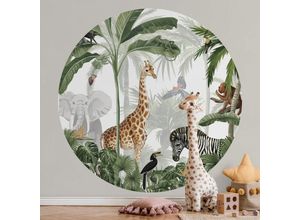 4063129375042 - Fototapete Baby Kinderzimmer Dschungeltiere Elefant Giraffe Vliestapete große Kinder Motivtapete Ø140cm - bunt