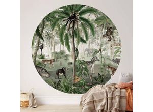 4063129375080 - K&l Wall Art - Fototapete Baby Kinderzimmer Dschungel Affe Tiger Elefant Vliestapete rund große Kinder Motivtapete Ø140cm - grün