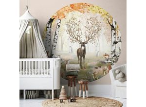 4063129375202 - K&l Wall Art - Fototapete Baby Kinderzimmer Vliestapete Hirsch Waldtier Herbst Deko rund große Kinder Motivtapete Ø140cm - braun