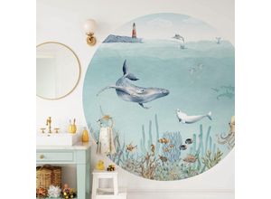 4063129375325 - K&l Wall Art - Fototapete Baby Kinderzimmer Tapete Meerestier Delfin Seepferdchen rund große Kinder Motivtapete Ø140cm - blau