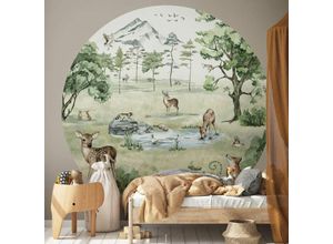 4063129375561 - K&l Wall Art - Fototapete Baby Kinderzimmer Waldtiere Reh Hirsch Wald Vliestapete rund große Kinder Motivtapete Ø140cm - grün