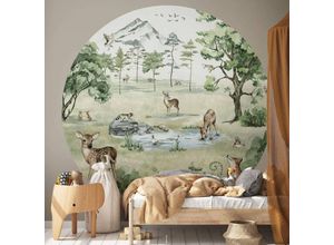 4063129375578 - K&l Wall Art - Fototapete Baby Kinderzimmer Waldtiere Reh Hirsch Wald Vliestapete rund große Kinder Motivtapete Ø188cm - grün