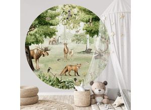 4063129375721 - K&l Wall Art - Fototapete Baby Kinderzimmer Waldtiere Fuchs Hirsch Elch Vliestapete rund große Kinder Motivtapete Ø140cm - grün