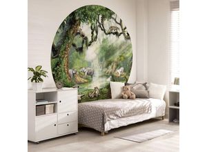 4063129375806 - K&l Wall Art - Fototapete Baby Kinderzimmer Elefant Tiger Regenwald Löwe Tapete rund große Kinder Motivtapete Ø140cm - grün