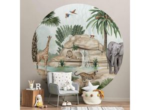 4063129375882 - K&l Wall Art - Fototapete Baby Kinderzimmer Dschungel Paradies Giraffe Löwe Tapete rund große Kinder Motivtapete Ø140cm - bunt