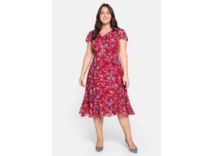 4063135449287 - Große Größen Chiffonkleid mit Blumenprint und Wasserfallkragen karminrot bedruckt Gr50