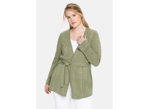 4063135742975 - Große Größen Strickjacke im Ajourstrick mit Bindegürtel hellkhaki Gr44 46