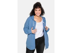 4063135775393 - Große Größen Sweatjacke mit Flockprint Kapuze und Tunnelzug jeansblau Gr48 50