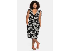 4063136091737 - Große Größen Strandkleid in Wickeloptik mit floralem Print schwarz-weiß Gr40