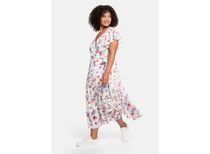 4063136096879 - Große Größen Chiffonkleid mit Blumendruck und Bindegürtel weiß bedruckt Gr54
