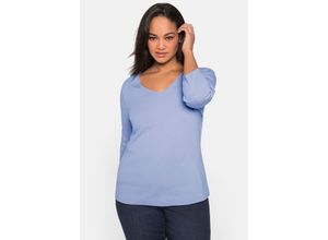 4063136139293 - Große Größen Shirt mit 3 4-Arm und V-Ausschnitt in Rippqualität mittelblau Gr40 42