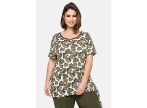 4063136191925 - Große Größen Shirt mit Blätterprint und Knoten am Saum offwhite bedruckt Gr48 50