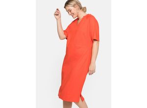 4063136207602 - Große Größen Shirtkleid mit gesmoktem V-Ausschnitt rotorange Gr48