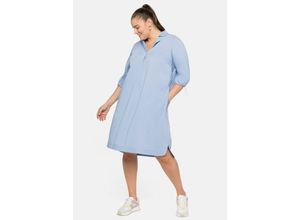 4063136208401 - Große Größen Blusenkleid mit Revers und 3 4-Arm mit Zugband mittelblau Gr44