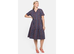 4063136208494 - Große Größen Shirtkleid mit Paisleydruck und Lochspitze nachtblau bedruckt Gr42