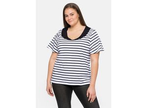 4063136209996 - Große Größen Ringelshirt mit breiter Spitze am Rundhalsausschnitt weiß gestreift Gr40 42