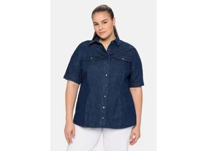 4063136211654 - Große Größen Jeansbluse mit Hemdkragen und Brusttaschen dark blue Denim Gr40