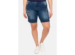 4063136216031 - Große Größen Jeansbermudas mit Blumenstickerei und Schnürung blue Denim Gr42