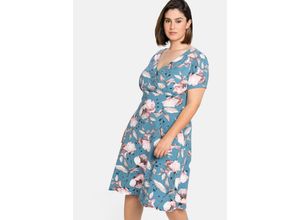 4063136218202 - Große Größen Jerseykleid in Wickeloptik mit Blumenprint blau bedruckt Gr46