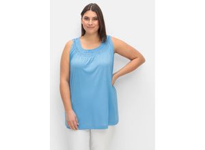 4063136228935 - Große Größen Top in A-Linie mit gesmoktem Rundhalsausschnitt jeansblau Gr50