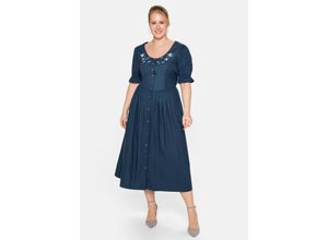 4063136278053 - Große Größen Trachtenkleid in Leinen-Optik mit Blütenstickerei blau Gr40