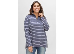 4063136374489 - Große Größen Sweatshirt in A-Linie mit Ringeln und Troyerkragen indigo-offwhite Gr40 42